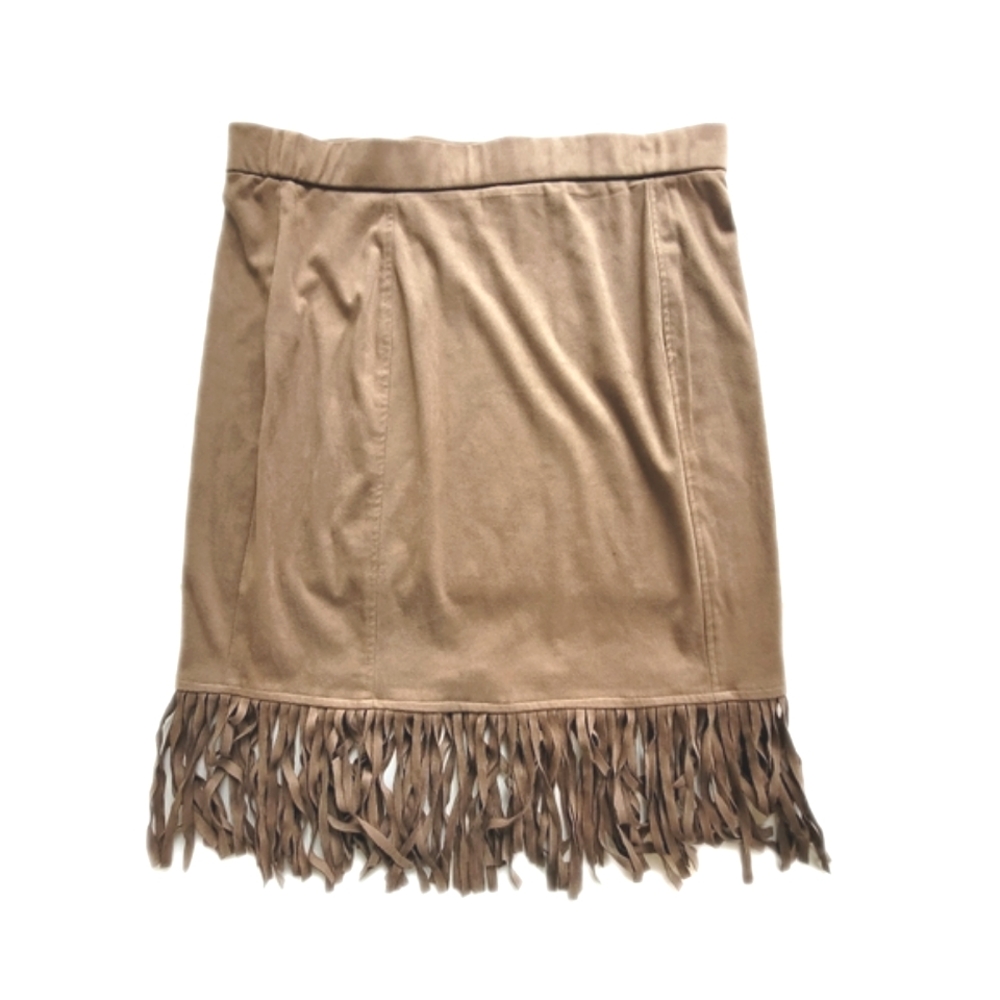 Artisan NY Faux Suede Midi Skirt With Fringe Tan Camel Size 10 Boho